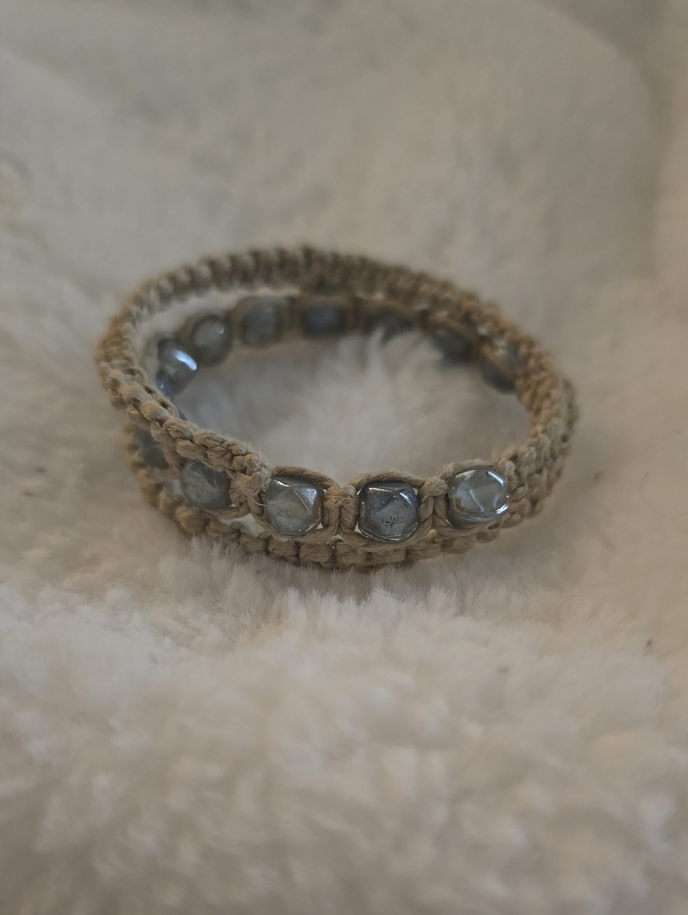 Beige Hemp Wrap Bracelet with Faceted Gray Beads